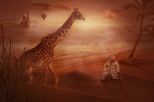 composing, photomontage, fantasy, digital photo montage, romantic, water, image editing, dream, beach, orange, photoshop art, giraffe, child, castle, fantasy picture, mood, balloon, landscape, bright, red, evening atmosphere, sunset - 4K 8K wallpaper background by Lockenkopf | Pix8K