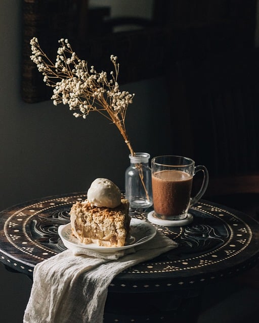 apple pie, afternoon tea, table setup, baked goods, apple crumble, iced coffee, dessert - 4K 8K wallpaper background by xtinefaustino | Pix8K