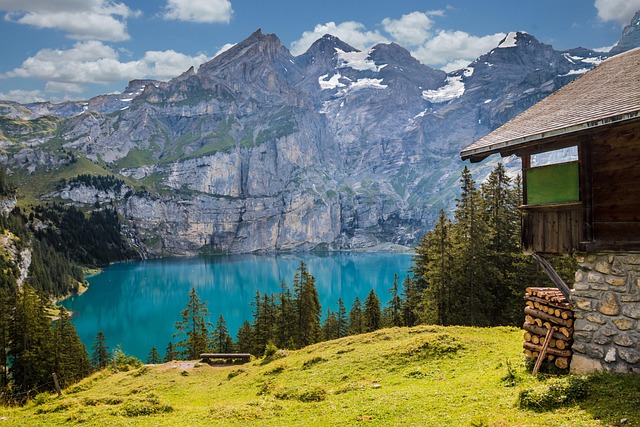lake, mountains, hut, mountain lake, mountain hut, cabin, building, house, alpine, alps, nature, scenic, lake oeschinen, switzerland, lake, mountains, house, switzerland, switzerland, switzerland, switzerland, switzerland - 4K 8K wallpaper background by TeeFarm | Pix8K