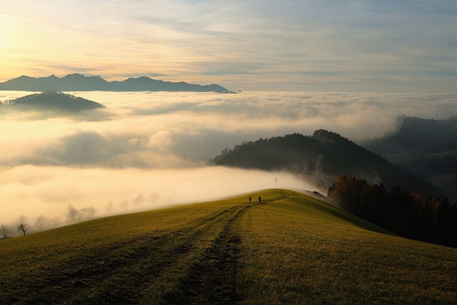 mountains, fog, sky, clouds, sea of clouds, hills, mountain range, grass, grassy, path, trail, mountain path, mountain trail, nature trail, nature path, people, silhouettes, horizon, mountain landscape, landscape, nature, foggy, morning fog, haze, mist, path, path, path, path, path, trail, mountain path, people - 4K 8K wallpaper background by shogun | Pix8K