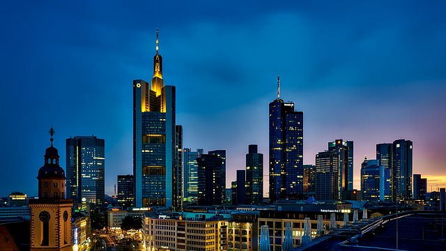 buildings, city, illuminated, city lights, skyline, skyscrapers, nature, urban, urban landscape, metropolitan, frankfurt, germany, panorama, cityscape, downtown, modern, architecture, sunset, dusk - 4K 8K wallpaper background by 12019 | Pix8K