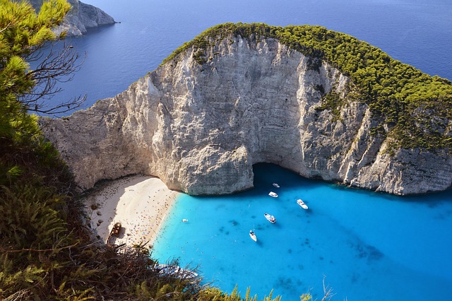 zakynthos, beach, island, bay, lagoon, sea, greece, nature, ocean, blue sea, blue ocean, shore, seashore, cliffs, mountain, landscape, seascape - 4K 8K wallpaper background by Pexels | Pix8K