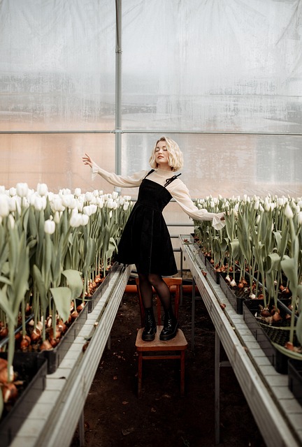 tulips, flower background, greenhouse, flowers, dress, model, flower wallpaper, posing, beautiful flowers, fashion, phone wallpaper, nature, modeling, aesthetic wallpaper, iphone wallpaper - 4K 8K wallpaper background by Sv_olya | Pix8K