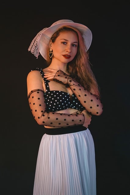 woman, fashion, style, model, pose, femininity, beauty, young woman, hat, polka dot, classic, dress, earring, blonde hair, arms crossed, simplicity, red lipstick, elegance, heart jewelry, night lighting, contrast lighting - 4K 8K wallpaper background by Sunriseforever | Pix8K