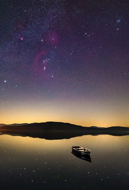 lake, boat, night, stars, sky, water, reflection, hill, silhouette, evening, dark, orion, astronomy, dream, night sky, silent, scenic, aesthetic wallpaper, nature, phone wallpaper - 4K 8K wallpaper background by EvgeniT | Pix8K