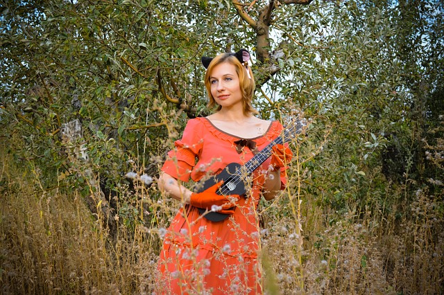 model, female, female model, animal, portrait, woman, girl, lady, fashion, style, pet, wardrobe, modeling, pose, posing, guitar, ukulele, cosplay, anime, cat, image, costume, pink, ears, fields, meadows, outdoors, nature - 4K 8K wallpaper background by Sunriseforever | Pix8K