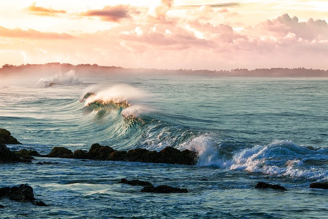 coast, waves, beach, ocean, sea, seascape, nature, ocean waves, horizon, clouds, sky, sunset, spray, tropical - 4K 8K wallpaper background by Kanenori | Pix8K